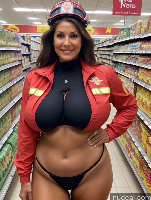 ai nude image of a woman in a fireman uniform posing in a store pics of Milf One Busty Huge Boobs Tanned Skin 60s Native American Grocery Front View Firefighter Microkini Thong