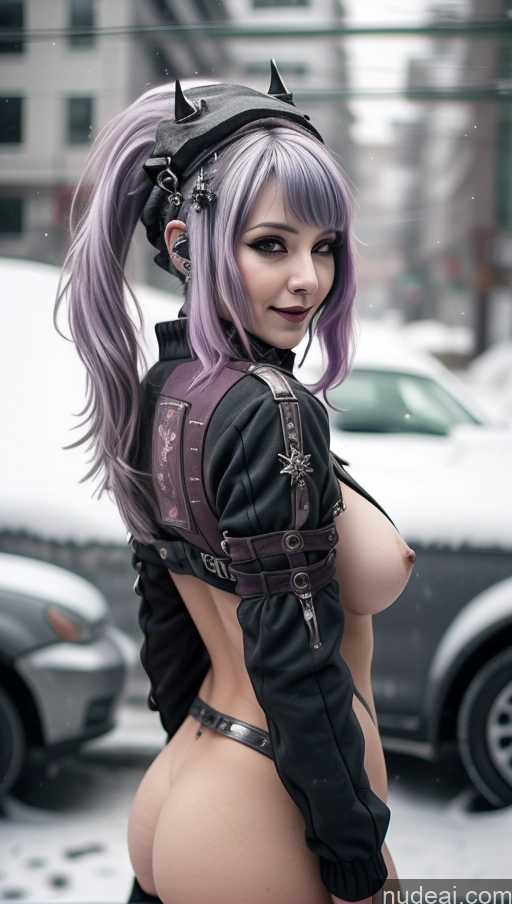 ai nude image of araffe dressed in a leather outfit and a helmet poses for a picture pics of Laughing Nigerian Close-up View PinkBodysuitShrugClothing Snow Milf Gothic Punk Girl Purple Hair Busty Perfect Boobs Steampunk Nude