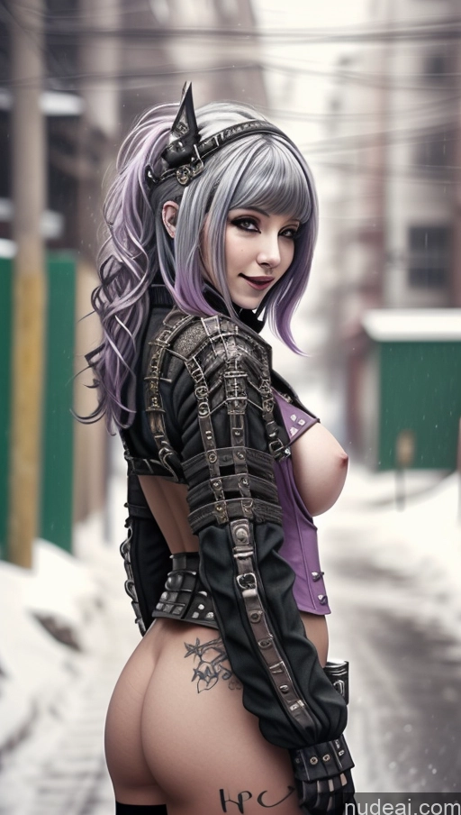 ai nude image of arafed woman with purple hair and a black jacket posing in the snow pics of Laughing Nigerian Close-up View PinkBodysuitShrugClothing Snow Milf Gothic Punk Girl Purple Hair Busty Perfect Boobs Steampunk Nude Powering Up