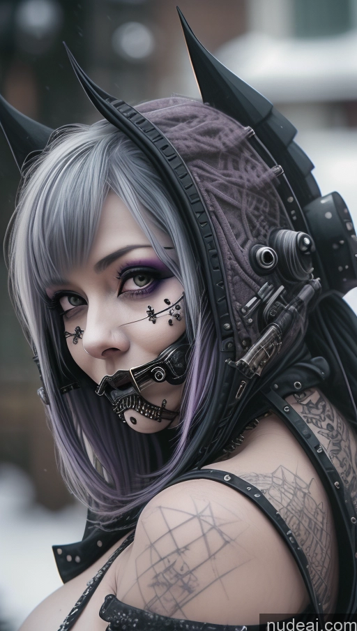 ai nude image of arafed woman with purple hair and black and white makeup wearing a mask pics of Laughing Nigerian Close-up View Snow Milf Gothic Punk Girl Purple Hair Busty Perfect Boobs Steampunk Nude