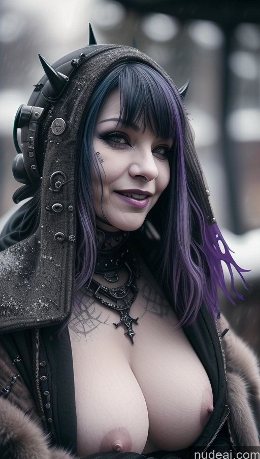 ai nude image of arafed woman with purple hair and a hood on pics of Laughing Nigerian Close-up View Snow Milf Gothic Punk Girl Purple Hair Busty Perfect Boobs Steampunk Nude