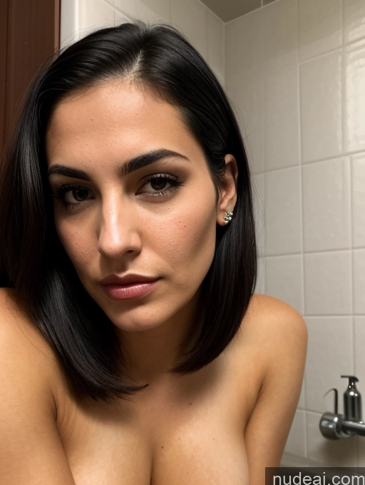 ai nude image of there is a woman that is posing naked in the bathroom pics of Bending Over Close-up View Busty Tanned Skin Seductive Serious Sad Shocked Sexy Face Black Hair Bobcut Jewish Bathroom 20s Tattoos Sorority