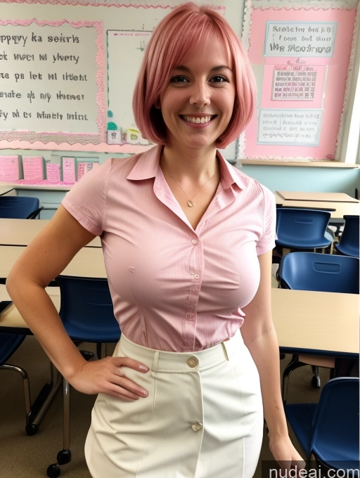 ai nude image of smiling woman in pink shirt and white skirt in front of a classroom pics of German Teacher Short Happy Bobcut Perfect Boobs 20s Pink Hair Woman Open Forward