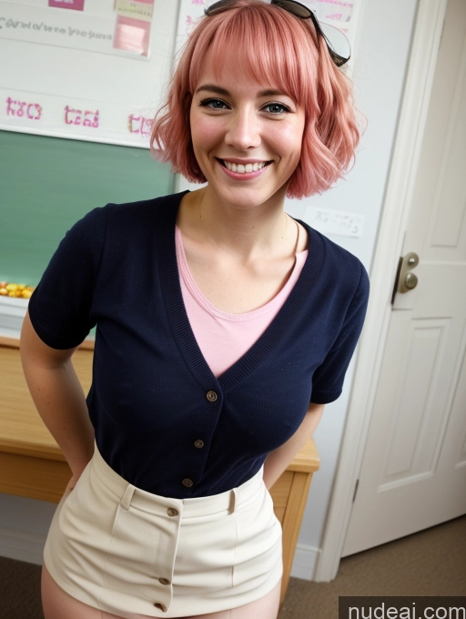 ai nude image of smiling woman in a pink shirt and white shorts posing for a picture pics of German Teacher Short Happy Bobcut Perfect Boobs 20s Pink Hair Pubic Hair Fellatio (Side View)