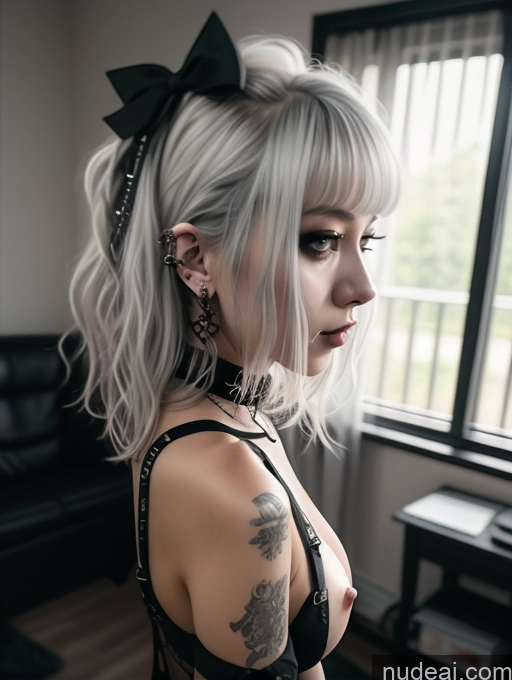 ai nude image of blond woman with tattoos and piercings posing in a room pics of Busty Perfect Boobs Close-up View Gothic Punk Girl Model Perfect Body Beautiful 18 White Hair Curly Hair Russian Bedroom Nude Detailed One Choker