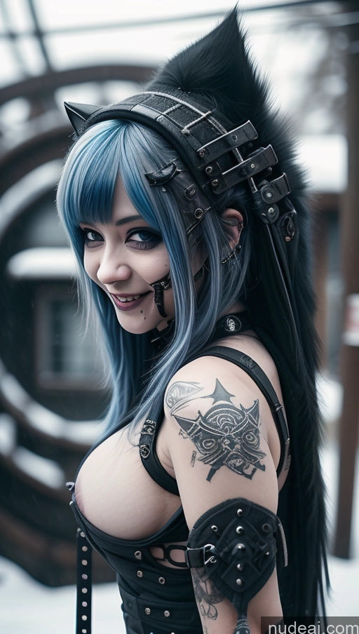 ai nude image of arafed woman with blue hair and black leather garb posing for a picture pics of Busty Perfect Boobs Laughing Nigerian Snow Close-up View Nude Steampunk Gothic Punk Girl Cat Demon Athlete Blue Hair