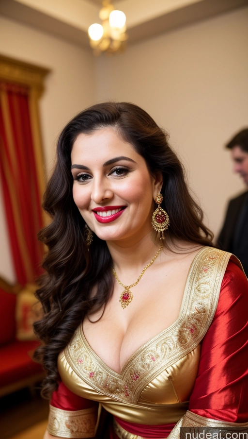 ai nude image of araffe woman in a red and gold dress smiling for the camera pics of Milf Busty Beautiful Lipstick Thick Big Hips Chubby Fat Fairer Skin 20s Happy Seductive Brunette Long Hair Russian Party Front View Straddling Sari Blouse Dirndl Victorian Cleavage Gold Jewelry