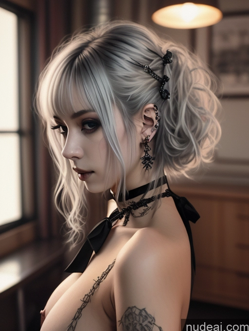 ai nude image of blond woman with tattoos and a black tie posing for a picture pics of Busty Perfect Boobs Close-up View Gothic Punk Girl Model Perfect Body Beautiful 18 White Hair Curly Hair Russian Bedroom Nude Detailed One Choker