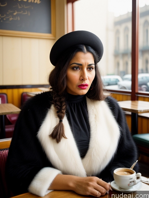 ai nude image of woman sitting at a table with a cup of coffee in front of her pics of Woman Two Busty Lipstick Skinny Short Dark Skin 60s Angry Black Hair Pigtails Arabic Vintage Cafe Front View Victorian Fur