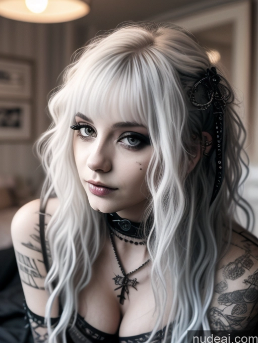 ai nude image of blond woman with tattoos and piercings posing for a picture pics of Busty Perfect Boobs Close-up View Gothic Punk Girl Model Perfect Body Beautiful 18 White Hair Curly Hair Russian Bedroom Nude Detailed