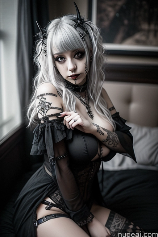 ai nude image of blond woman with black and white makeup and tattoos posing on bed pics of Busty Perfect Boobs Close-up View Gothic Punk Girl Model Perfect Body Beautiful 18 White Hair Curly Hair Russian Bedroom Nude Detailed Goth