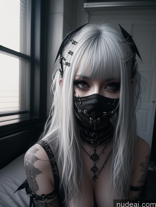 ai nude image of arafed woman with white hair and a black mask on pics of Busty Perfect Boobs Close-up View Gothic Punk Girl Model Perfect Body Beautiful 18 White Hair Curly Hair Russian Bedroom Nude Detailed Goth Cumshot