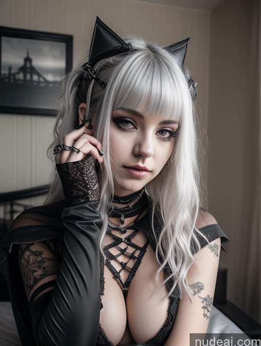 ai nude image of blond woman with black cat ears and black gloves posing on bed pics of Busty Perfect Boobs Close-up View Gothic Punk Girl Model Perfect Body Beautiful 18 White Hair Curly Hair Russian Bedroom Nude Detailed Bdsm