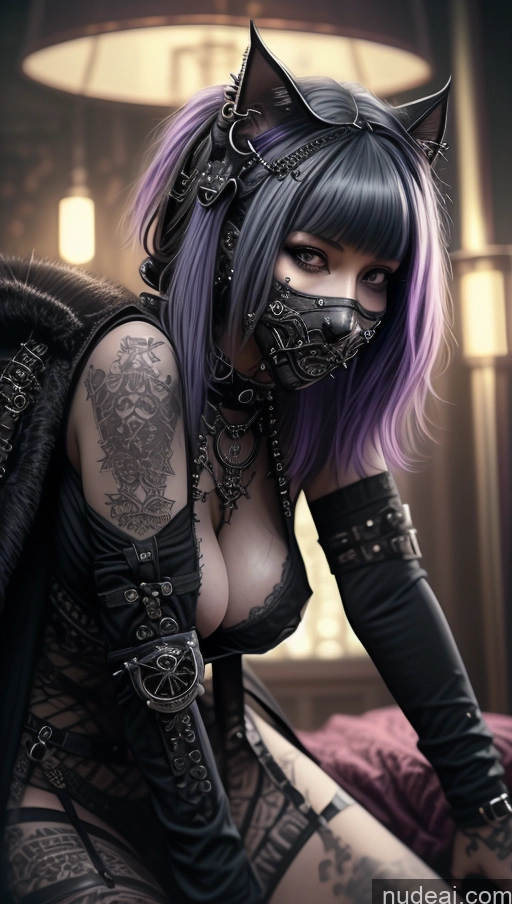 ai nude image of arafed woman with purple hair and black cat ears and a mask pics of Laughing Nigerian Nude Steampunk Gothic Punk Girl Cat Demon Close-up View Perfect Boobs Busty Milf Purple Hair Bedroom