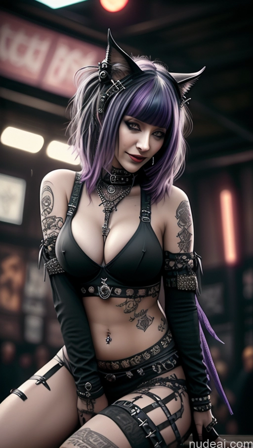 ai nude image of arafed woman with purple hair and black stockings posing for a picture pics of Laughing Nigerian Nude Steampunk Gothic Punk Girl Cat Demon Close-up View Perfect Boobs Busty Milf Purple Hair Stage Straddling