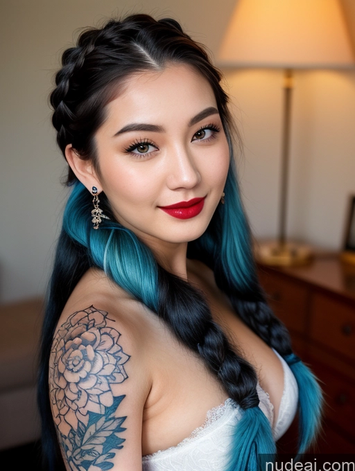 ai nude image of arafed woman with blue hair and a tattoo on her arm pics of Busty Beautiful Lipstick Tattoos Perfect Body Fairer Skin Seductive Laughing Korean 18 Blue Hair Braided Fur