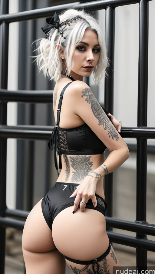 ai nude image of arafed woman with tattoos and a black bra top posing in front of a fence pics of Several Big Ass Big Hips Perfect Body Short Skinny Beautiful 20s Latina Push-up Bra White Hair Long Hair Adjusting Clothes Milf Gothic Punk Girl