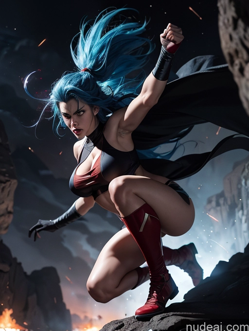 ai nude image of arafed woman with blue hair and black cape posing on a rock pics of Side View 18 Fairer Skin Detailed Cave Stargazing Superhero Small Tits Perfect Boobs Messy Fur Jumping Thick Muscular Big Hips Abs Tall Athlete Blue Hair Powering Up Batwoman Serious Angry