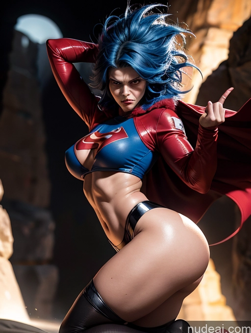 ai nude image of araffe woman in a red and blue costume posing for a picture pics of Side View 18 Fairer Skin Detailed Cave Superhero Small Tits Perfect Boobs Messy Fur Jumping Thick Muscular Big Hips Abs Tall Blue Hair Powering Up Batwoman Serious Angry Superheroine Fantasy Style Jeff Easley