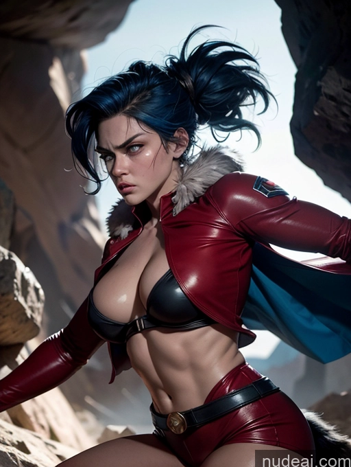 ai nude image of araffe woman in red leather outfit posing in rocky area pics of Side View 18 Fairer Skin Detailed Cave Superhero Small Tits Perfect Boobs Messy Fur Jumping Thick Muscular Big Hips Abs Tall Blue Hair Powering Up Batwoman Serious Angry Superheroine Fantasy Style Jeff Easley