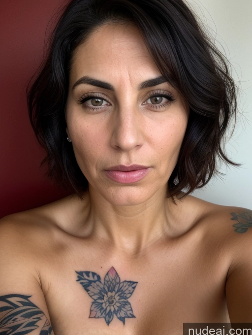 ai nude image of arafed woman with a tattoo on her chest and chest pics of Close-up View Busty Tanned Skin Seductive Serious Sad Sexy Face Shocked Laughing Bobcut Jewish Tattoos Black Hair 20s Milf Several