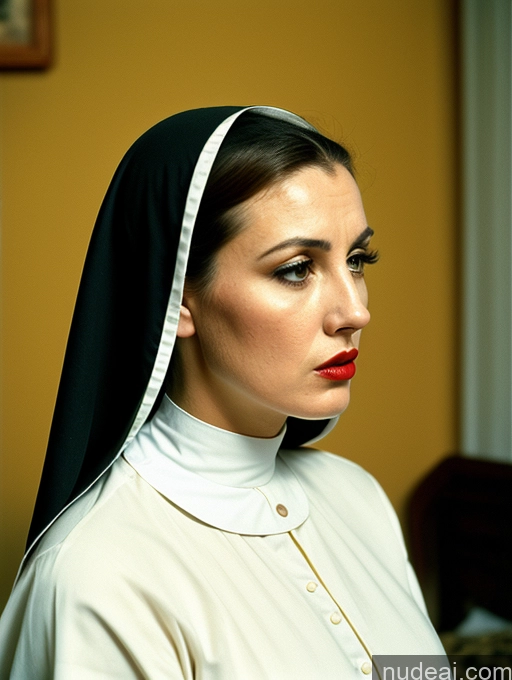 ai nude image of nun in white robe with red lipstick and black head scarf pics of Busty Short Sad Angry Vintage Bedroom Front View Dark Lighting Jewelry Lipstick High Heels Dress Hair Bun Nun 60s 20s French Brunette Shocked Woman