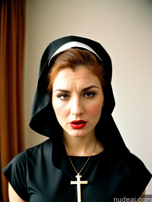 ai nude image of woman with a cross necklace and a black nun's robe pics of Busty Short Sad Angry Vintage Bedroom Front View Dark Lighting Jewelry Lipstick High Heels Dress Hair Bun Nun 60s 20s Shocked Woman Jewish Ginger