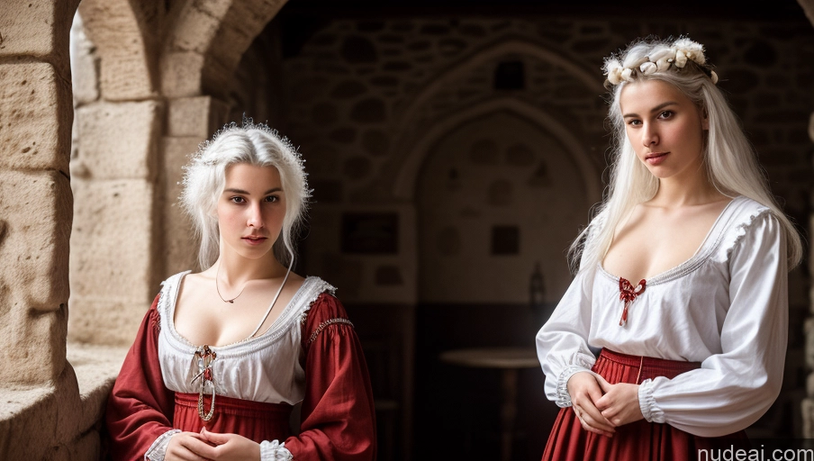 ai nude image of two women in renaissance dress standing in an archway with a stone wall pics of Small Tits Pubic Hair 18 White Hair Medieval Bright Lighting Hairy Women Czech Traditional Several