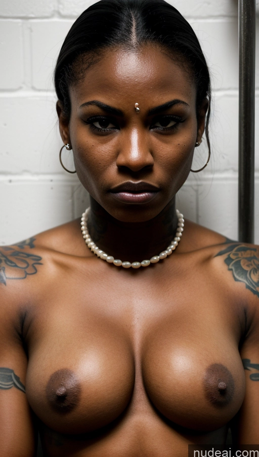 ai nude image of arafed woman with a pearl necklace and a pearl necklace pics of Busty Perfect Boobs Tattoos Pubic Hair 18 Nigerian Prison Pearl Jewelry Dark Skin Perfect Body Muscular Angry Brunette