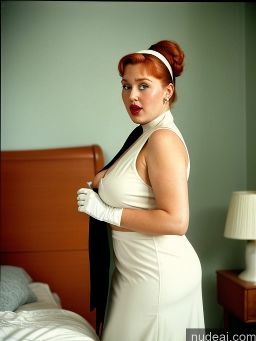 ai nude image of there is a woman in a white dress and black tie pics of Busty Short Vintage Bedroom Front View Dark Lighting Jewelry Lipstick High Heels 60s Shocked Woman Laughing Hair Bun Dress Gloves Nun Ginger Irish 80s Big Ass Chubby Fat Thick