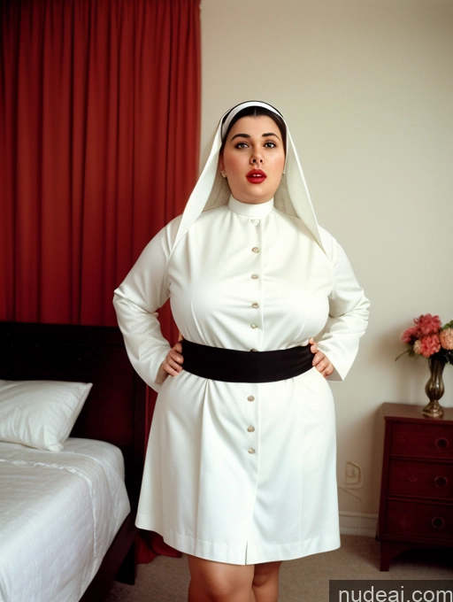 ai nude image of there is a woman in a nun costume standing in a bedroom pics of Busty Short Vintage Bedroom Front View Dark Lighting Jewelry Lipstick High Heels 60s Shocked Woman Laughing Hair Bun Dress Gloves Nun 80s Big Ass Chubby Fat Thick Arabic White Hair