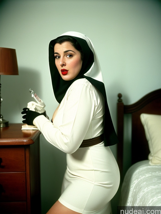 ai nude image of arafed woman in a nun costume posing in a bedroom pics of Busty Short Vintage Bedroom Front View Dark Lighting Jewelry Lipstick High Heels 60s Shocked Woman Laughing Dress Gloves Nun 80s Big Ass Chubby Fat Thick Black Hair Jewish Pigtails