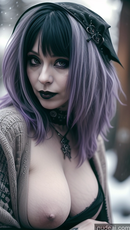 ai nude image of arafed woman with purple hair and a black top posing for a picture pics of Milf Busty Perfect Boobs Purple Hair Nigerian Snow Close-up View Gothic Punk Girl