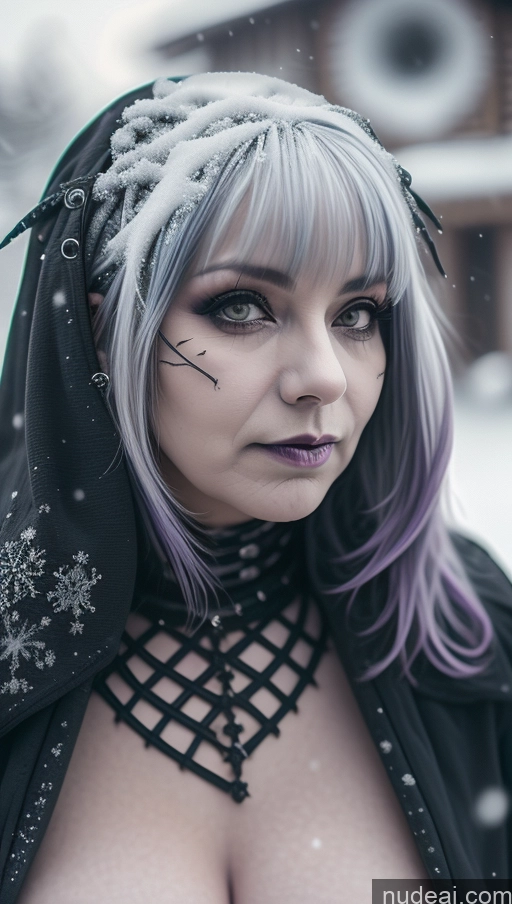 ai nude image of arafed woman with purple hair and a black hood and a black dress pics of Milf Busty Perfect Boobs Purple Hair Nigerian Snow Close-up View Gothic Punk Girl