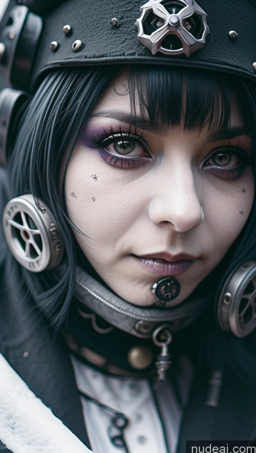 ai nude image of there is a woman with a black hat and a black jacket pics of Milf Busty Perfect Boobs Purple Hair Nigerian Snow Close-up View Gothic Punk Girl Steampunk