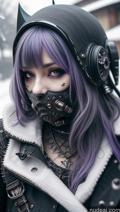 ai nude image of arafed woman with purple hair wearing a black and white jacket and a black mask pics of Milf Busty Perfect Boobs Purple Hair Nigerian Snow Close-up View Gothic Punk Girl Steampunk