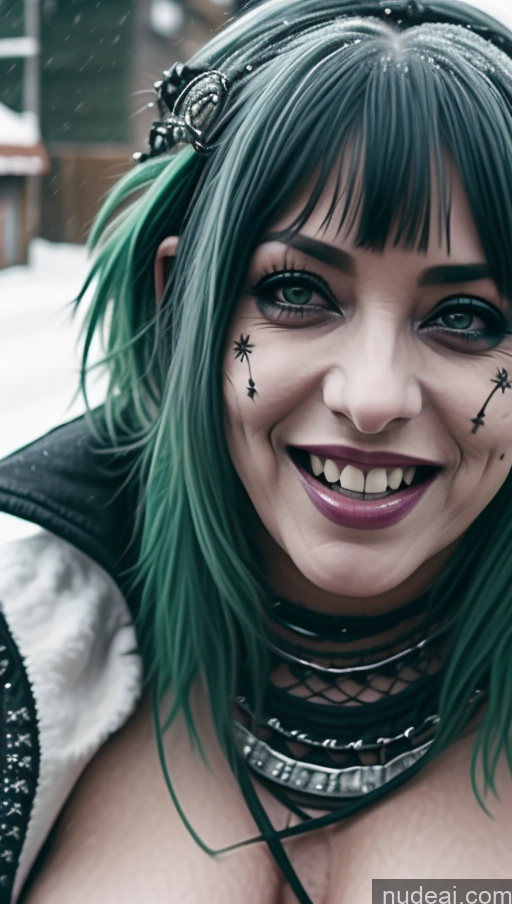 ai nude image of araffe with green hair and piercings smiling in the snow pics of Milf Busty Perfect Boobs Chubby Green Hair Ethiopian Snow Close-up View Laughing Gothic Punk Girl