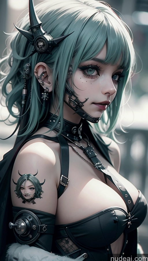 ai nude image of arafed woman with green hair and horns and piercings pics of Milf Chubby Green Hair Ethiopian Snow Laughing Steampunk Busty Perfect Boobs Close-up View Gothic Punk Girl