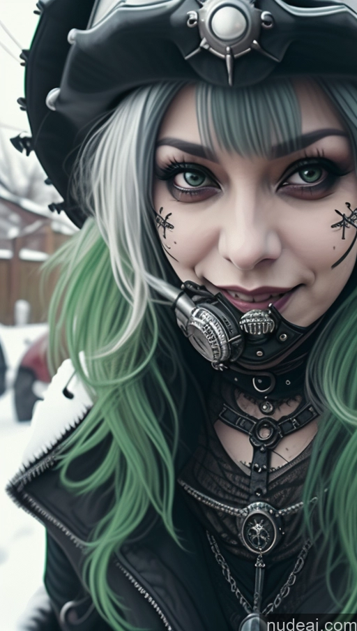 ai nude image of arafed woman with green hair and a steampunk hat pics of Milf Chubby Green Hair Ethiopian Snow Laughing Steampunk Busty Perfect Boobs Close-up View Gothic Punk Girl