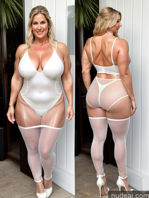 ai nude image of there are two pictures of a woman in a white bodysuit pics of Milf Big Ass Thick Chubby Oiled Body 50s Fairer Skin Muscular High Heels Transparent Wedding