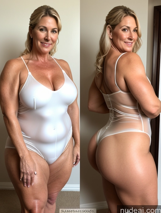 ai nude image of arafed woman in a white bodysuit posing for a picture pics of Milf Big Ass Thick Chubby Oiled Body 50s Fairer Skin Muscular High Heels Transparent Wedding