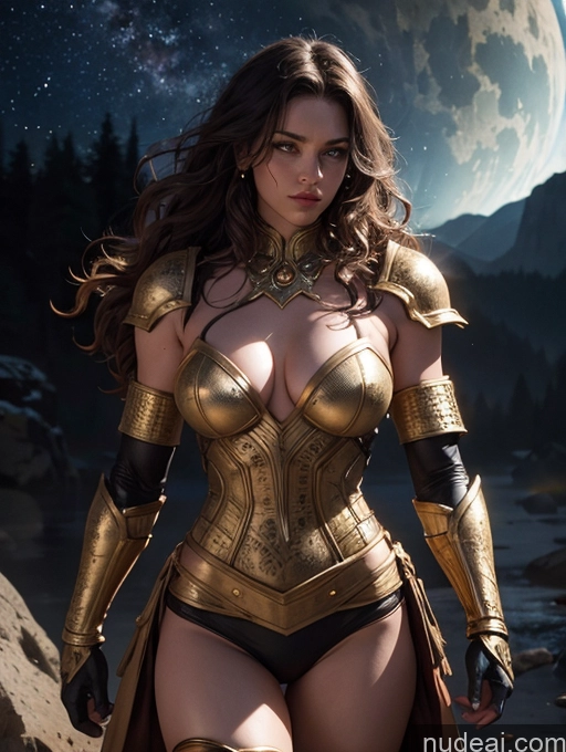 ai nude image of arafed woman in a gold costume standing on a rock pics of Detailed Dark Lighting Gold Jewelry Knight Traditional Tribal Viking Superhero Sci-fi Armor Jumping Stargazing Nigerian Curly Hair Brunette Serious Muscular Busty Thick Big Hips Cyborg