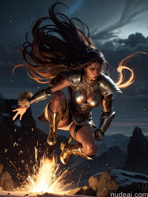 ai nude image of arafed woman in armor flying over a mountain with a fire pics of Detailed Dark Lighting Gold Jewelry Knight Traditional Tribal Viking Superhero Sci-fi Armor Jumping Stargazing Brunette Serious Muscular Busty Thick Big Hips Cyborg Messy Dark Skin Black