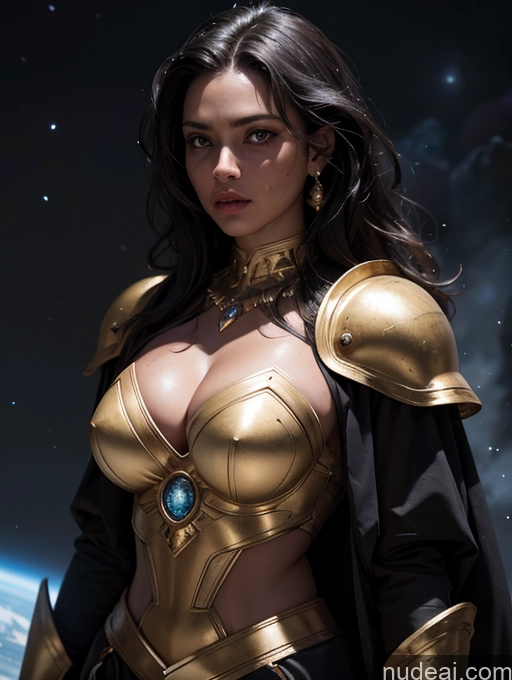 ai nude image of arafed woman in a gold outfit with a cape and a sword pics of Detailed Dark Lighting Gold Jewelry Knight Traditional Tribal Viking Superhero Sci-fi Armor Jumping Stargazing Brunette Serious Muscular Busty Thick Big Hips Cyborg Dark Skin Black Space Suit