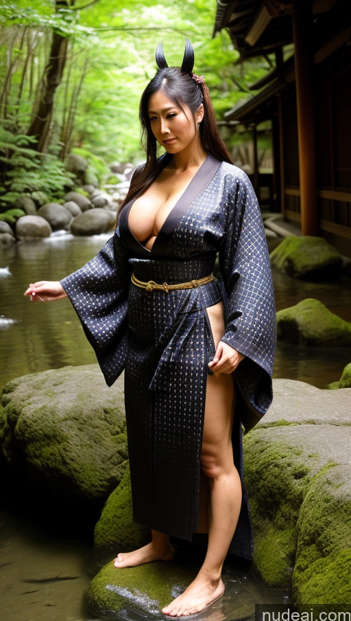 ai nude image of araffe woman in a kimono standing in a stream pics of Milf Brunette Pubic Hair Hairy Women Beautiful Muscular Tall Big Ass 30s Japanese Perfect Boobs Tanned Skin Kimono Traditional Tribal Fantasy Armor Waterfall Forest Onsen