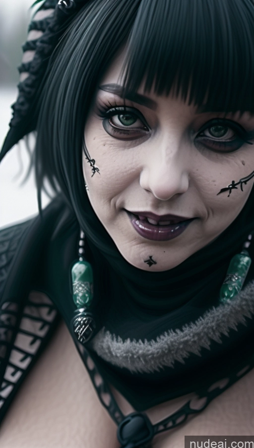 ai nude image of araffe woman with black hair and black makeup and a black scarf pics of Milf Busty Perfect Boobs Chubby Green Hair Ethiopian Snow Close-up View Gothic Punk Girl Laughing Goth Nude