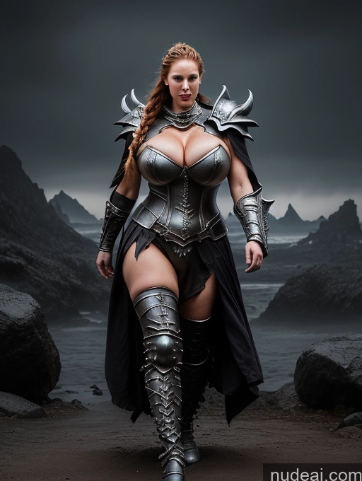 ai nude image of arafed woman in armor walking on a rocky beach pics of Woman Huge Boobs Perfect Boobs Muscular Big Ass Skinny Abs Fat Big Hips Long Legs Tall Fairer Skin Oiled Body 30s Ginger Braided Russian Nude Fantasy Armor Medieval Death Knight Hell Surrealist