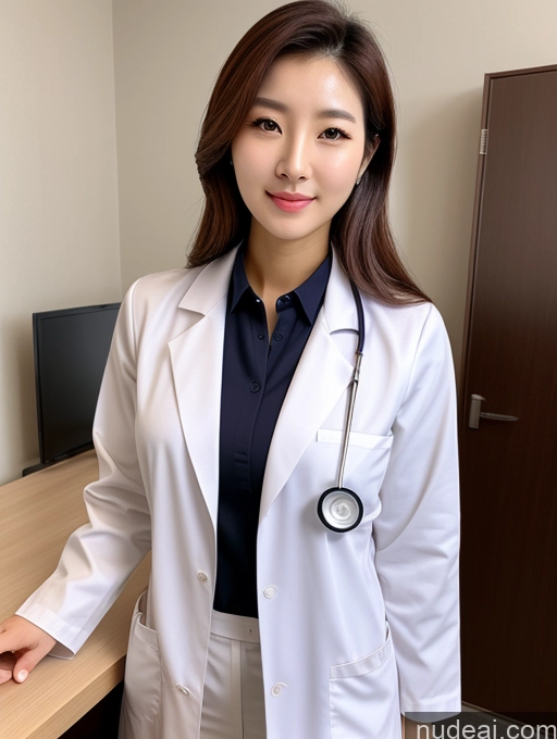 ai nude image of arafed woman in a lab coat standing in front of a desk pics of Korean Perfect Boobs Doctor