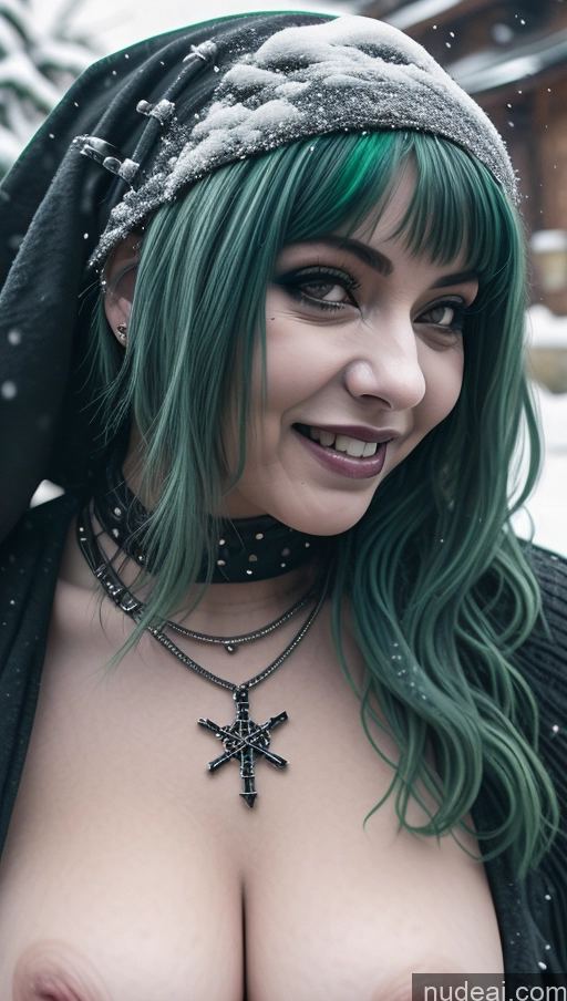 ai nude image of arafed woman with green hair and a black hoodie posing for a picture pics of Milf Busty Perfect Boobs Chubby Green Hair Ethiopian Snow Close-up View Gothic Punk Girl Laughing