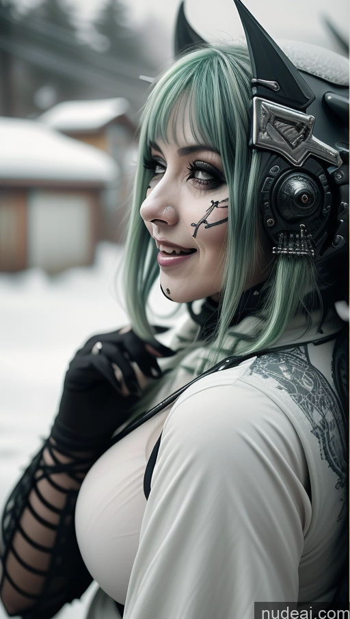 ai nude image of there is a woman with green hair and a black and white outfit pics of Milf Chubby Green Hair Ethiopian Snow Laughing Futuristic Busty Perfect Boobs Close-up View Gothic Punk Girl